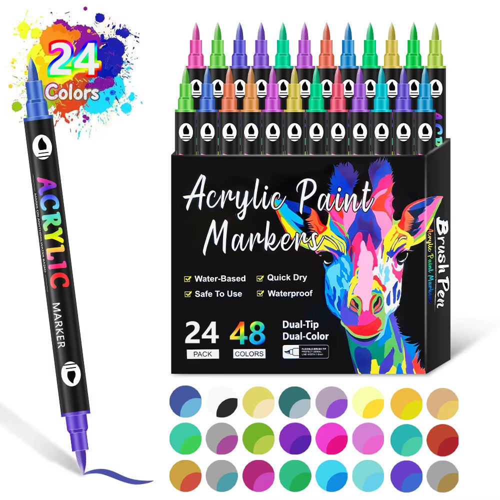 24-120 Colors Acrylic Paint Markers Pens Set Dual Tip Acrylic Paint Markers DIY Brush Tip and Fine Rock Painting Art Supplies