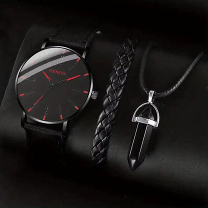3Pcs Set Fashion Mens Watches Luxury Casual Leather Quartz Wristwatch Men Business Sports Wrist Watch Bracelet Necklace Set