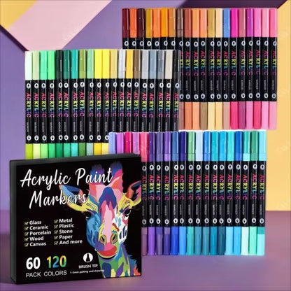 24-120 Colors Acrylic Paint Markers Pens Set Dual Tip Acrylic Paint Markers DIY Brush Tip and Fine Rock Painting Art Supplies