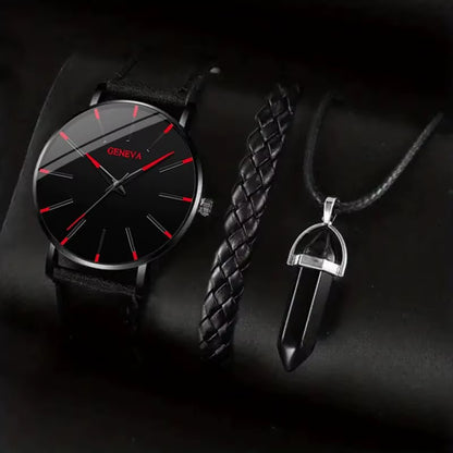 3Pcs Set Fashion Mens Watches Luxury Casual Leather Quartz Wristwatch Men Business Sports Wrist Watch Bracelet Necklace Set